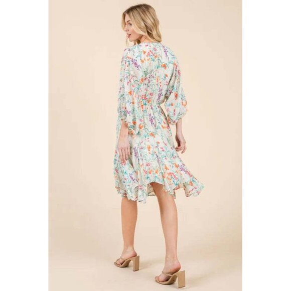 Lime 'N' Chili Floral Cinched Waist Balloon Sleeve V-Neck Dress - Picture 10 of 10